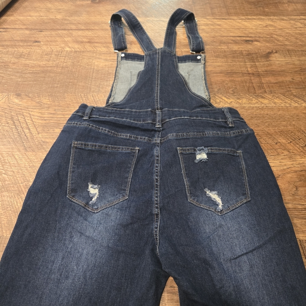 Denim Overalls Jeans Distressed Raw Hem Bootcut Dark Wash Cotton Stretch Farm S - Picture 8 of 13